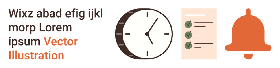 Naklejka premium Time management, organization, reminders, productivity, workflow, planning. ion of a clock, checklist and notification bell. Time management and productivity