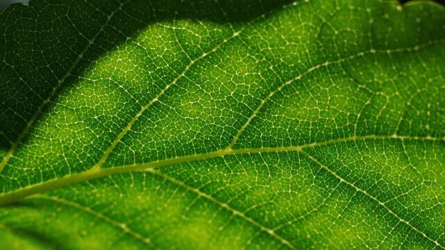 Macro close-up of a vibrant green leaf with intricate vein patterns illuminated by natural light