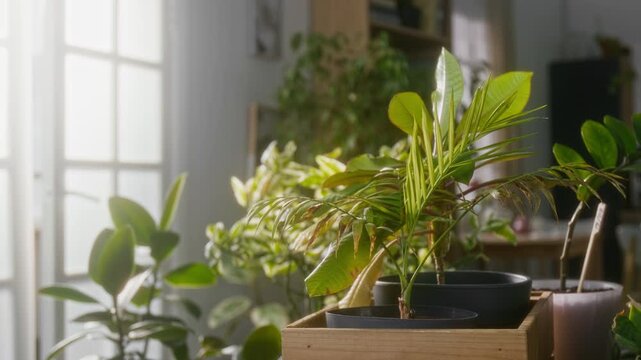 Close up handheld shot of pots with green houseplants in daylight in empty cozy apartment