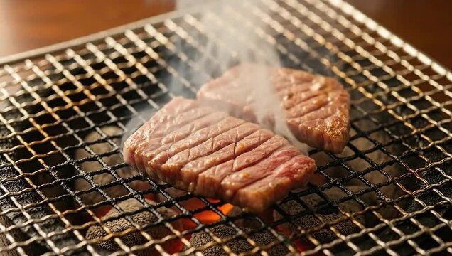 Delicious grilled beef steaks sizzling on a barbecue grill with smoke rising.