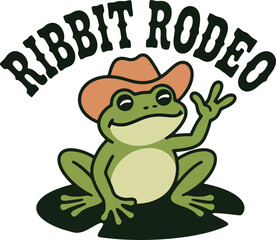 Cute cartoon frog wearing cowboy hat on lily pad with ribbit rodeo text transparent background