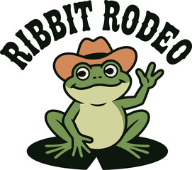 Cute cartoon frog wearing cowboy hat on lily pad with ribbit rodeo text transparent background
