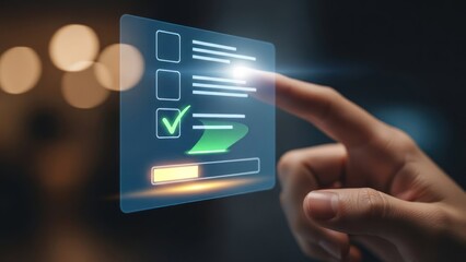 Finger interacting with glowing digital checklist interface in darkness