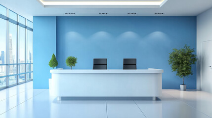 Real estate office reception counter mockup  blue wall front interior registration copy space desk design indoor decoration front view decoration three-dimensional