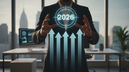 Businessman targets year 2026 with rising blue arrows.
