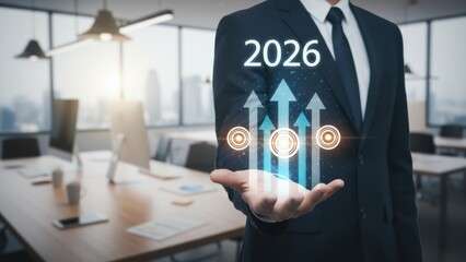 Businessman holding glowing 2026 growth projection over office table.