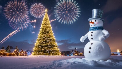 Obraz premium Festive snowman enjoying Christmas fireworks display at night