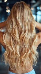 A woman with long blonde hair is standing in a room. The room is dimly lit, and the woman's hair is styled in a way that makes it appear as if it is made of sparkles