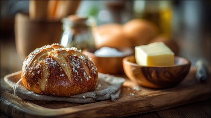 Artisan pretzel roll and baking ingredients create a rustic gourmet moment