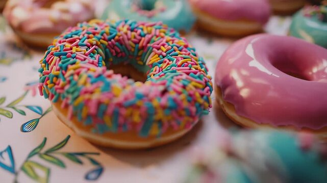 Colorful donut selection on decorative table with vibrant icing and sprinkles