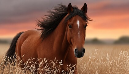 Obraz premium Elegant chestnut thoroughbred galloping freely in a vibrant autumn field under dramatic clouds