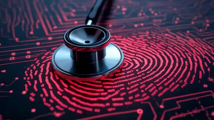Digital healthcare security concept with stethoscope on biometric fingerprint circuit, medical data protection, cyber health technology interface - Powered by Adobe
