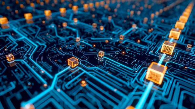 Advanced digital circuit network with glowing data nodes, high performance computing grid, modern technology infrastructure and information flow