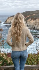 A woman with long blonde hair stands on a wooden platform overlooking the ocean. She is wearing a sweater and jeans