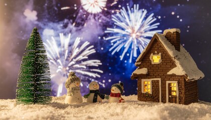 Cozy winter scene with snowmen and house under fireworks