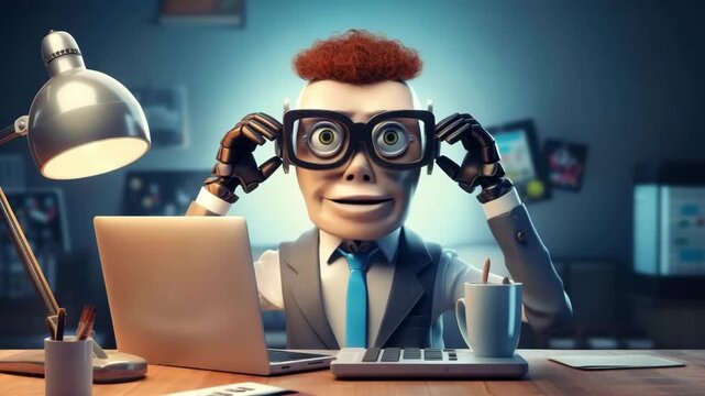 cute friendly robot works in office on computer
