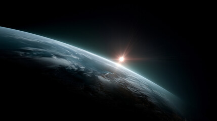 A cinematic, wide-format space scene showing planet Earth viewed from outer space. The planet is positioned on the left side of the frame, partially visible, with its curved horizo