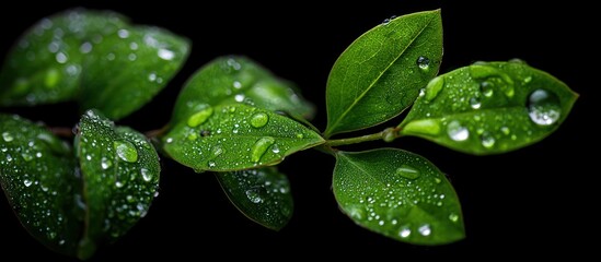 Lush Green Leaves with Water Droplets on Black Background