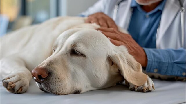 Veterinarian is gently comforting a sleeping yellow labrador retriever during a check at veterinary clinic up video 4k