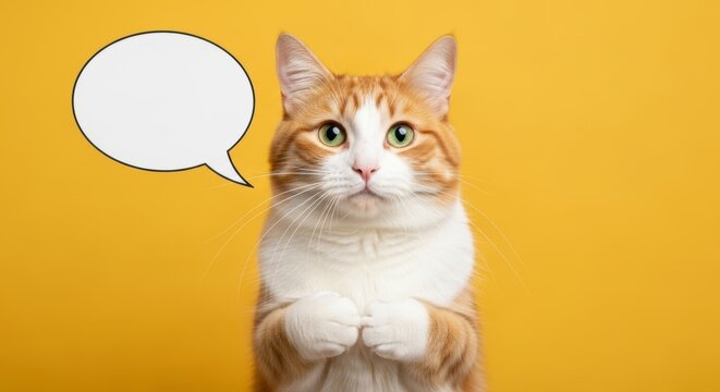 empty thought bubble mockup positioned near a curious cat on yellow background
