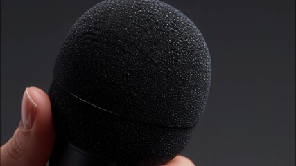 Female hand holds a black microphone a dark background, representing communication, public music, and interview, speaking video 4k