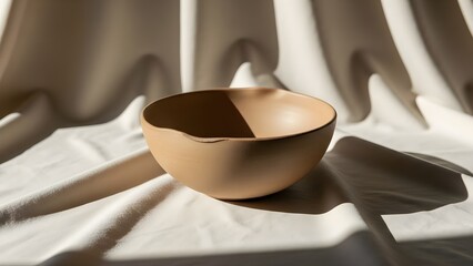 Ceramic bowl on draped fabric with shadow play and soft lighting