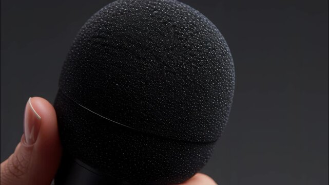 Female hand holds a black microphone a dark background, representing communication, public music, and interview, speaking video 4k