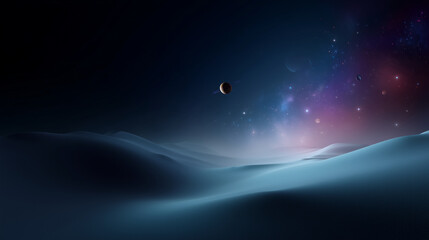 stylized outer space scene featuring a planet surface in the foreground with smooth rounded craters and soft gradients in shades of blue. Above the horizon, multiple planets and mo