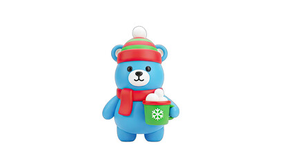 Cute Blue Bear with Winter Accessories Holding a Drink