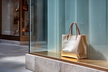 Stylish Store Exterior Display with Elegant Leather Tote Bag on Sunny