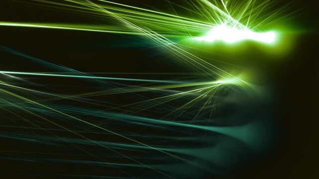 Futuristische dynamische Lichtstrahlen die sich in verschiedene Richtungen im Raum ausbreiten, Technologie, Technik, Daten, Visualisierung, Zukunft, High-Tech, modern, Wissenschaft, schwarz, gr&uuml;n