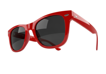 Photorealistic low-angle macro of glossy cherry red wayfarer sunglasses with dark lenses, sharp focus, isolated on white infinity curve background. concept for luxury product advertising