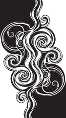 Intricate black and white ornamental swirl motif with flowing curls and flourishes.