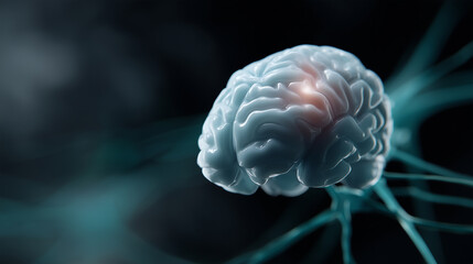 A glowing human brain with highlighted frontal lobe activity, surrounded by abstract plexus lines and nodes representing neural connections and data flow. The composition visualize