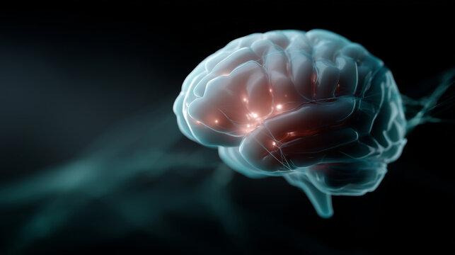 A glowing human brain with highlighted frontal lobe activity, surrounded by abstract plexus lines and nodes representing neural connections and data flow. The composition visualize
