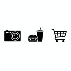 Black Icons for Daily life: Iconic collection features a camera, burger, soft drink, and shopping cart, perfect for web or print design projects. 