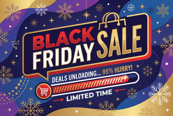 Vibrant Black Friday sale advertisement with dynamic design and festive colors, showcasing an urgency bar for limited-time deals.