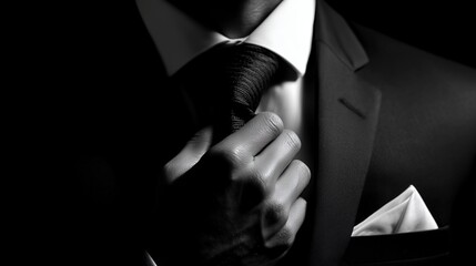 Close-up of a manager's hand adjusting his tie in a classic black and white suit. Concept for corporate leadership, business success and formal elegance