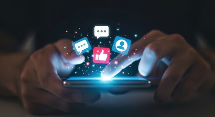Hands interacting with glowing social media icons above a smartphone.