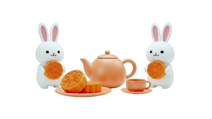 Cute Rabbits Enjoying Mooncakes and Tea