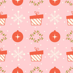 cute hand drawn pink, green and red winter holiday seamless vector pattern background illustration with gift boxes, snowflakes, branches with berries and christmas baubles