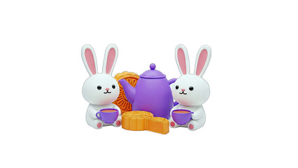Obraz premium Cute Rabbits Enjoying Tea with Mooncakes - Mid-Autumn Festival