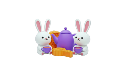 Cute Rabbits Enjoying Tea with Mooncakes - Mid-Autumn Festival