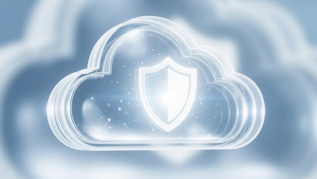 A luminous cloud graphic featuring a central shield icon abstractly depicts secure online data storage and cyber defense solutions in a modern digital environment. - Powered by Adobe