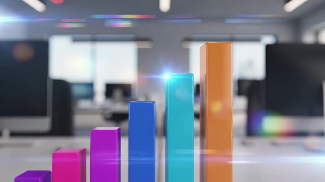 Glossy ascending bar chart with gradient columns in office environment. Business growth visualization with statistics and performance metrics. Data analytics presentation with rising trend indicators