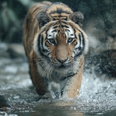Obraz premium Striking Striped Tiger Walking Through Water in Dramatic Close-up