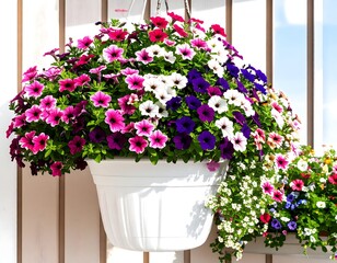 A vibrant hanging basket overflowing with petunias in shades of pink, purple, and white, contrasted by white wood