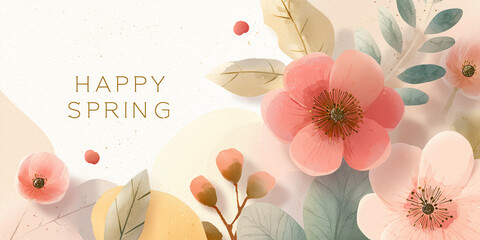 spring celebration card layout with pastel floral elements soft lighting gentle shapes and a handwritten happy spring message