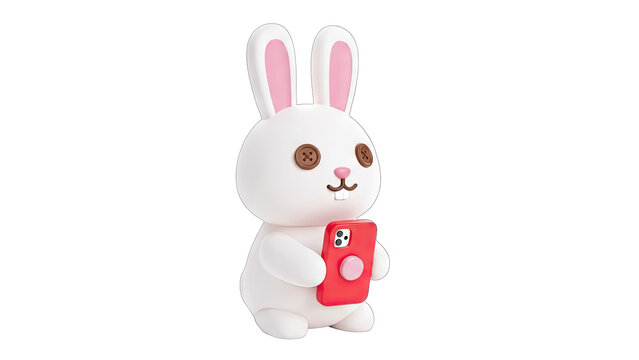 Cute White Bunny Holding a Red Smartphone on White Background