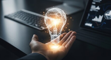 Hand holding glowing digital lightbulb above dark desk with technology